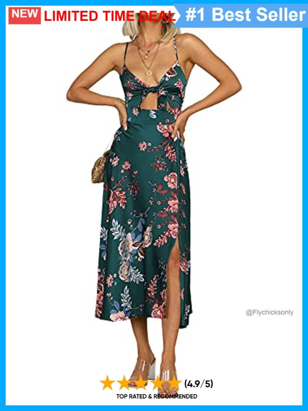 Floral Satin Midi Dress Tie Front Backless Split Spaghetti Strap Summer